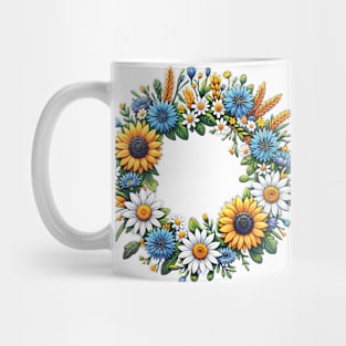 A colorful wreath woven with cornflowers, daisies and sunflowers Mug
